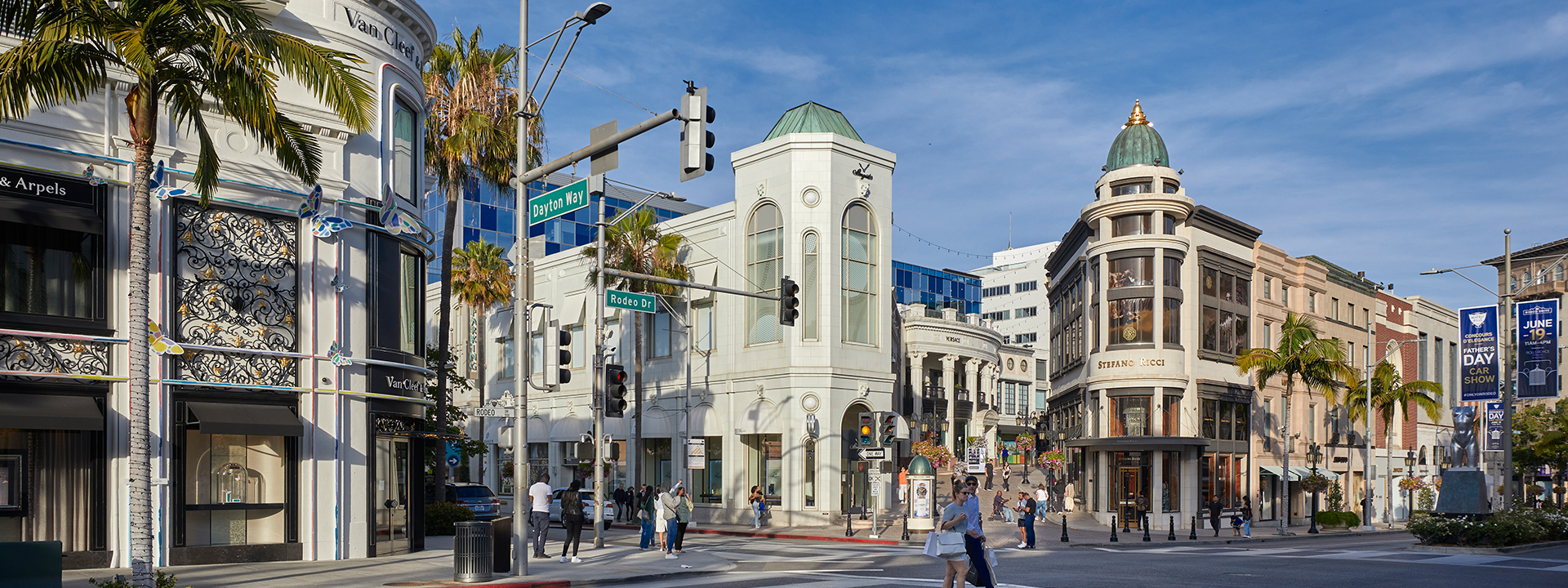 Shops and palm trees near Rodeo Drive in Beverly Hills