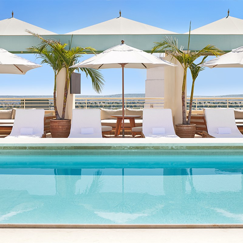 Swimming pool with sunbeds behind